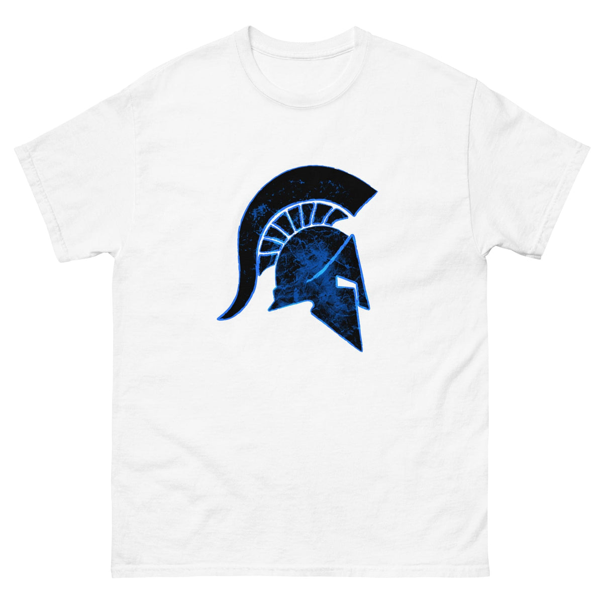 White Ancient Greek helmet t-shirt with blue front helmet graphic, short sleeves, crew neck