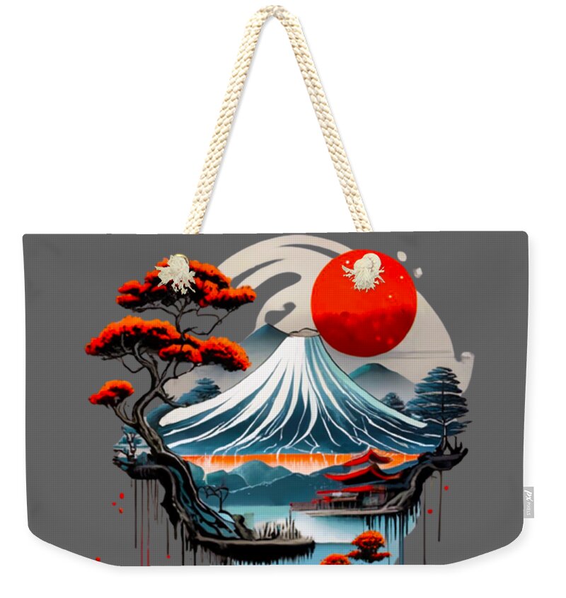 Weekender tote bag with Mount Fuji illustration, red sun graphic, braided rope handles