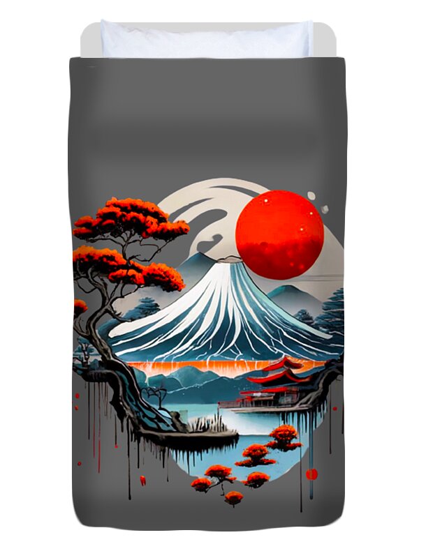 Duvet cover with Mount Fuji scene, large red sun, pine branches, and water reflection