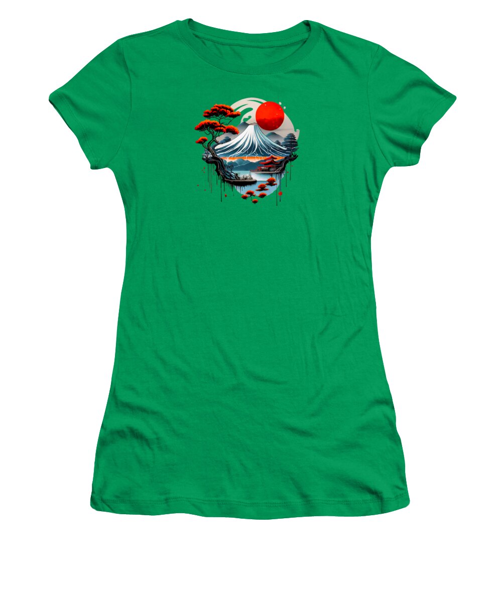 Kelly green women's T-shirt with Mount Fuji graphic and red sun
