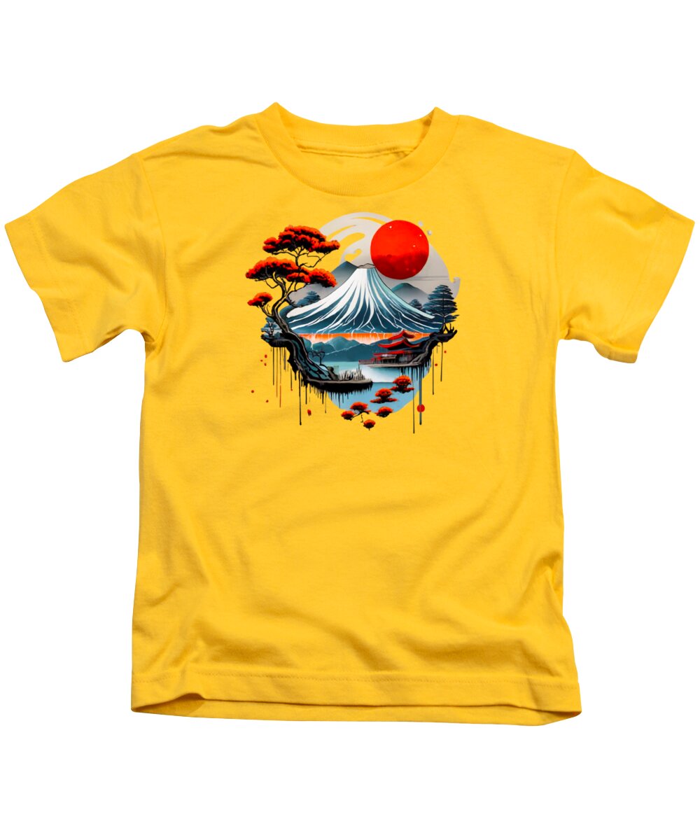 Yellow kids T-shirt with colorful Japanese landscape graphic and red sun