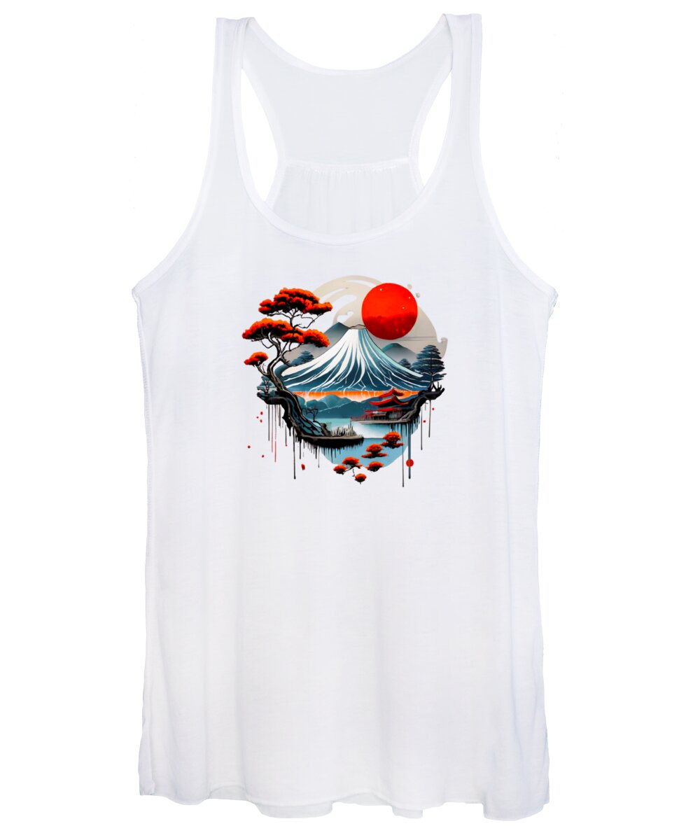 White women's tank top with Japanese wave and red sun graphic