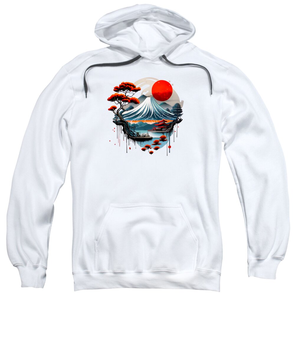 White hooded sweatshirt with kangaroo pocket; red sun Japanese wave graphic