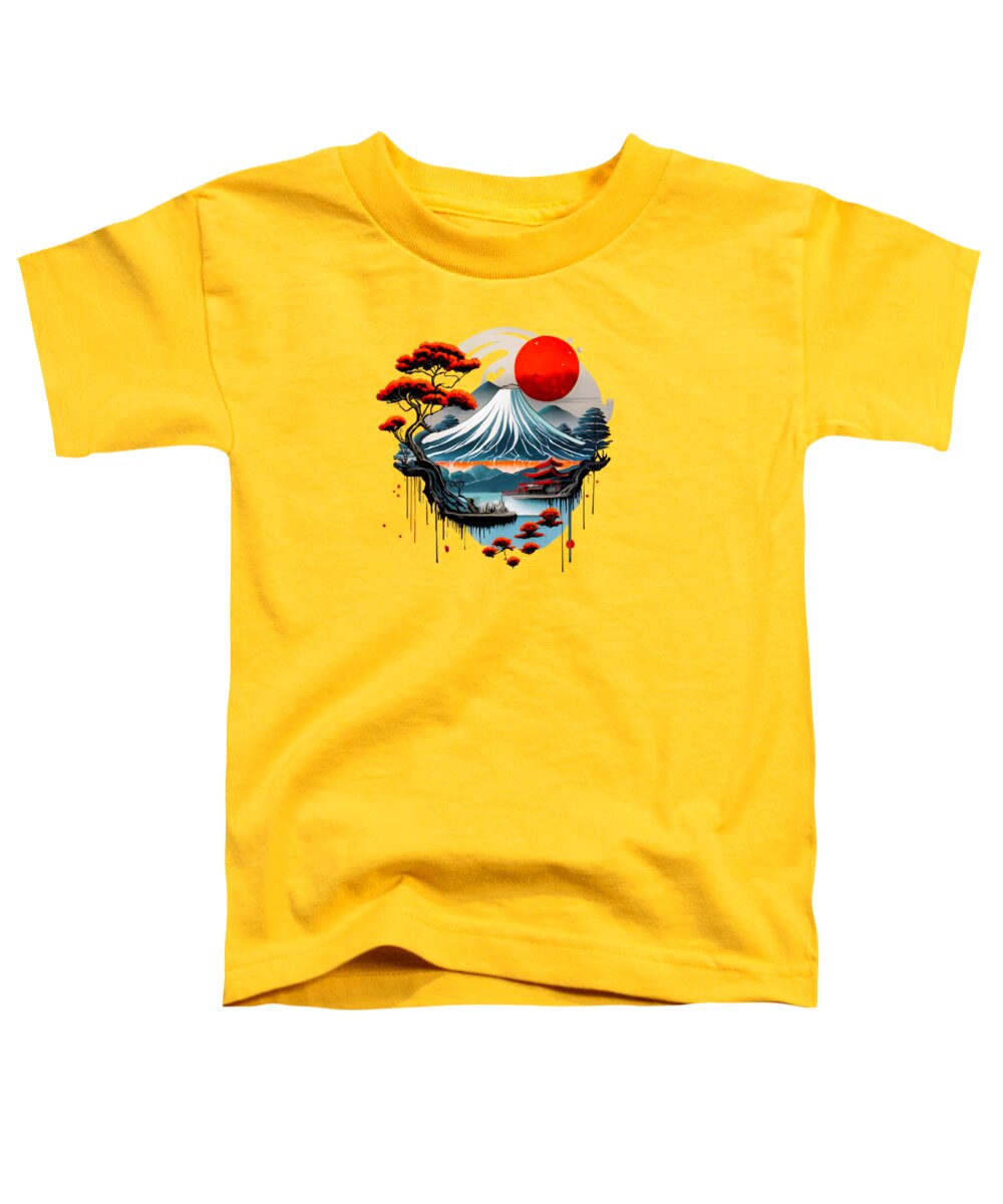 Yellow toddler T-shirt with colorful Japanese landscape graphic on front