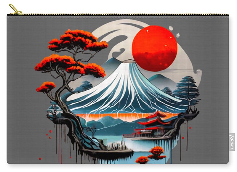Zip pouch with gold zipper and Japanese landscape print featuring Mount Fuji waves and trees.