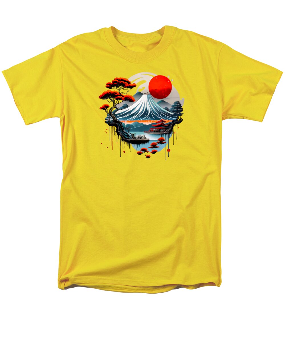 Yellow men's T-shirt with circular Japanese landscape graphic and red sun