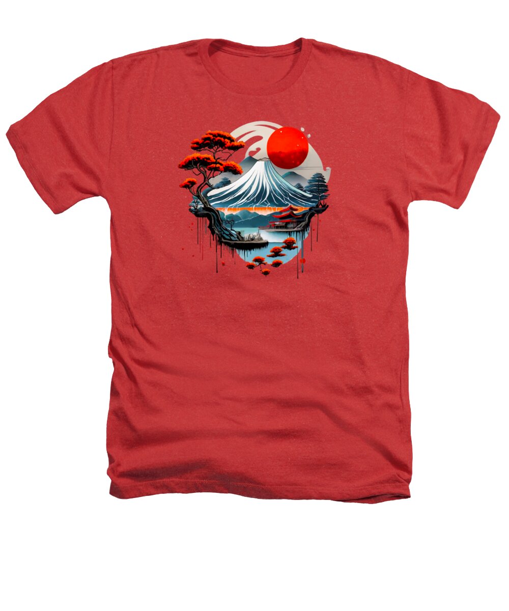 Red heather t-shirt with Japanese landscape graphic, red sun and waves.