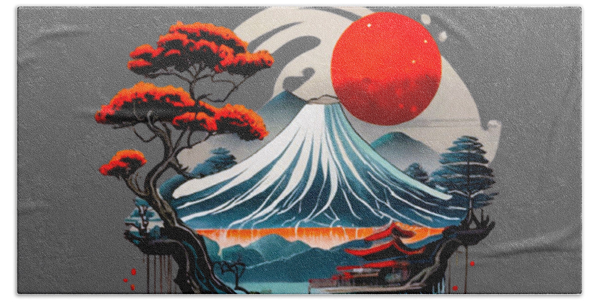 Beach towel with stylized pine trees beside Mount Fuji, red sun, and sweeping white waves.