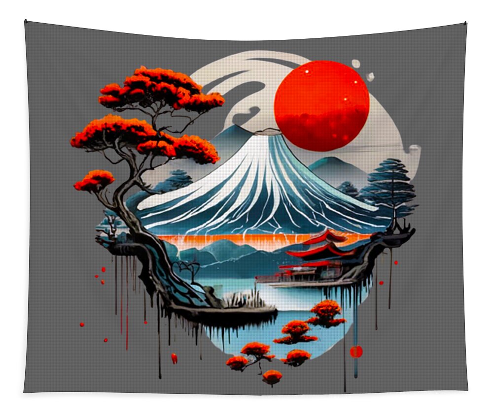Japanese landscape tapestry: gray background with Mount Fuji, red sun, wave crest, bonsai trees