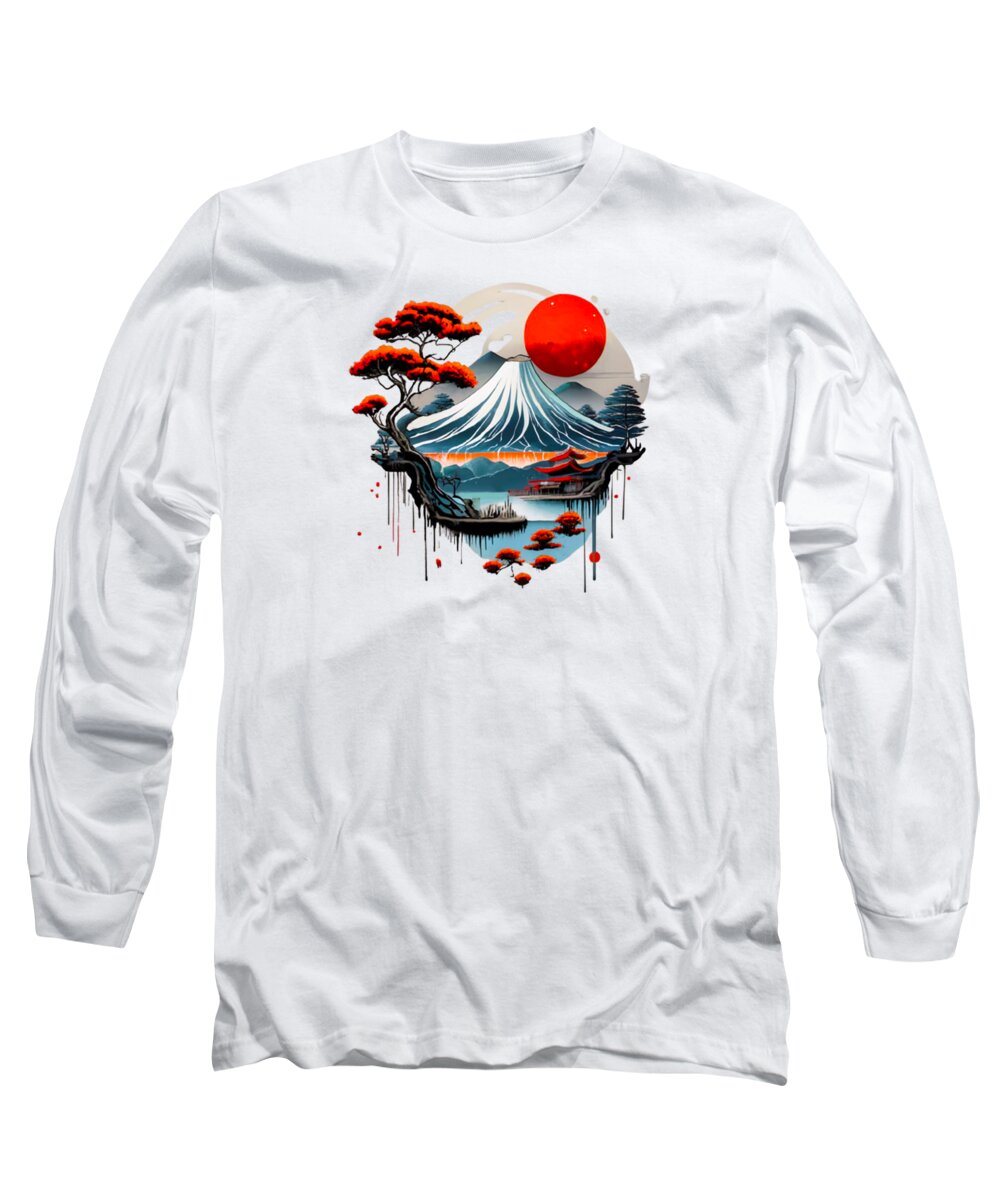 White long-sleeve T-shirt with Japanese landscape graphic on chest