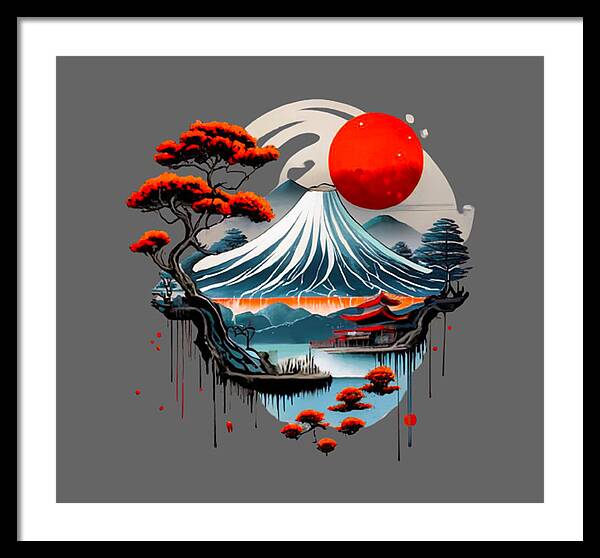 Framed Japanese landscape print with red sun over wave mountain scene, black frame, light mat