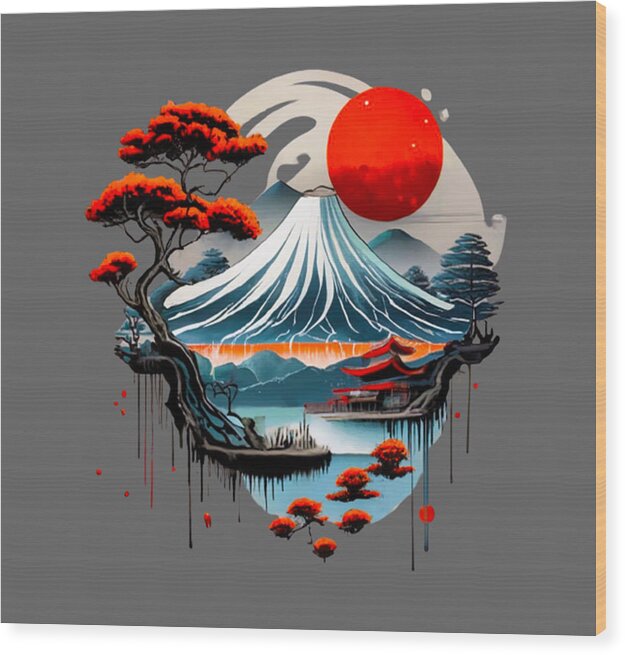 Wood print wall art of Mount Fuji with red sun, wave lines, and dark trees