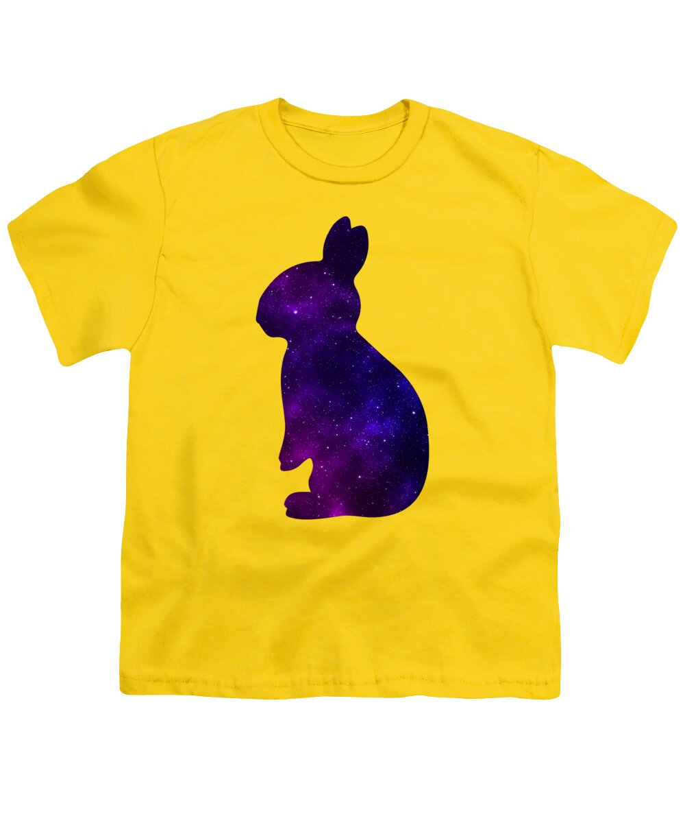 Youth yellow T-shirt with purple galaxy bunny silhouette graphic on front