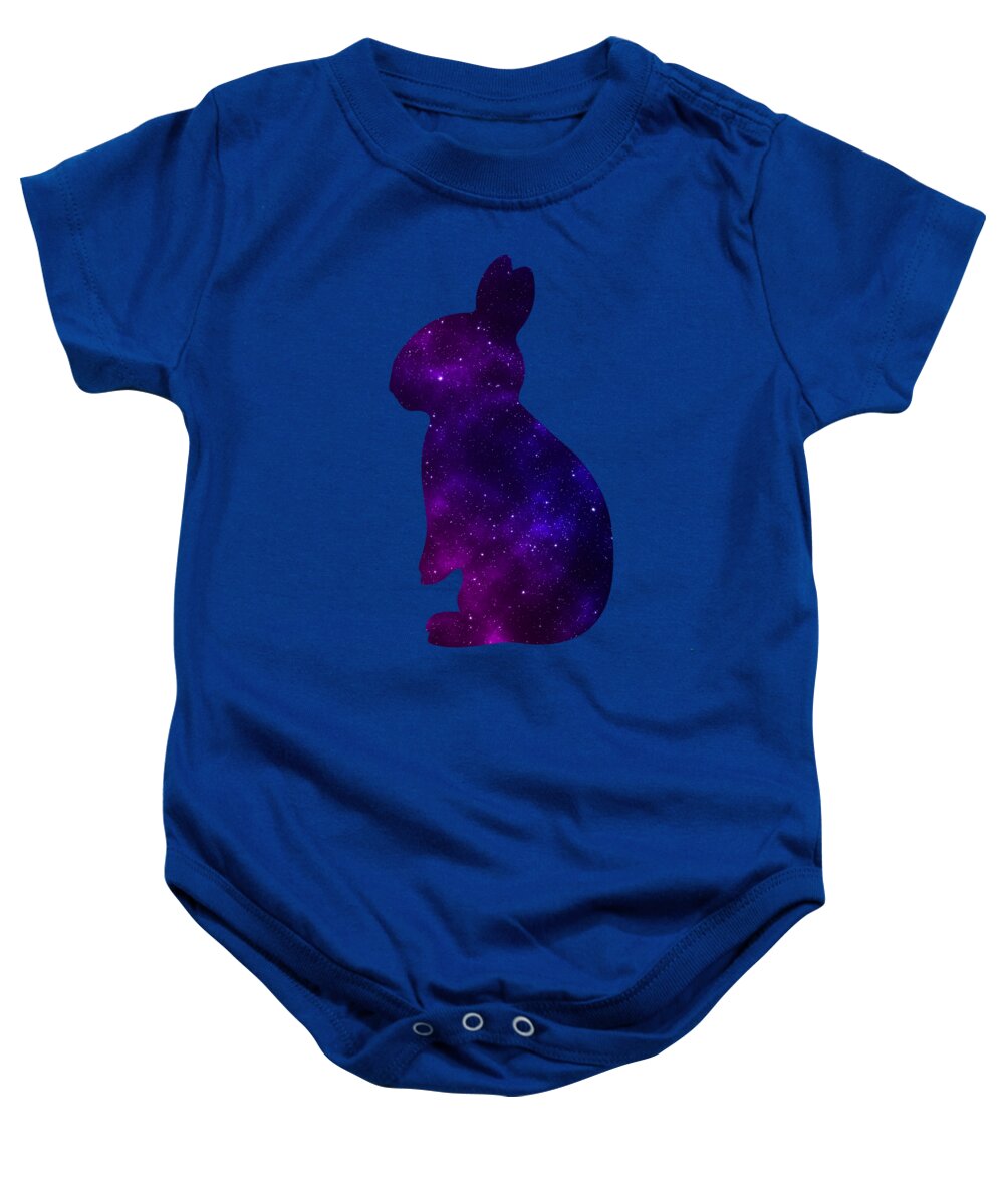Blue baby onesie with purple galaxy-style bunny graphic and snap button closure