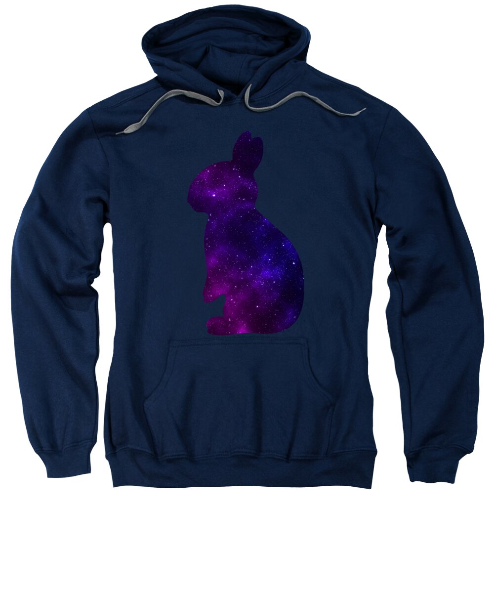 Navy pullover hoodie sweatshirt with purple galaxy rabbit graphic on chest and hood