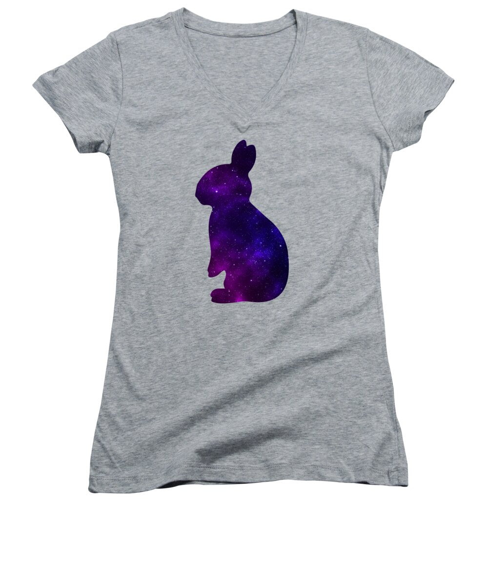 Heather gray womens v-neck T-shirt with purple galaxy rabbit graphic