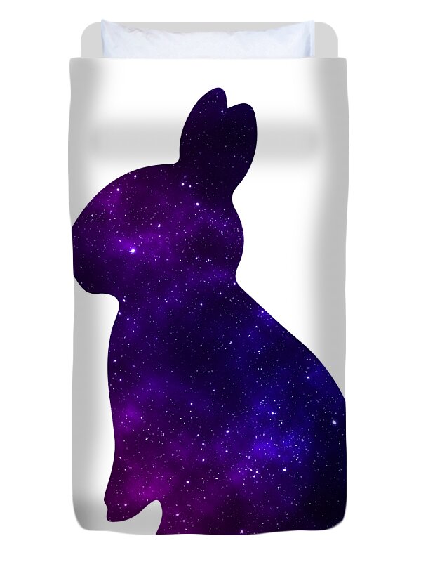 Duvet cover with tall purple galaxy bunny silhouette on front panel