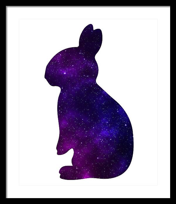 Purple galaxy rabbit framed wall art with black frame and light mat
