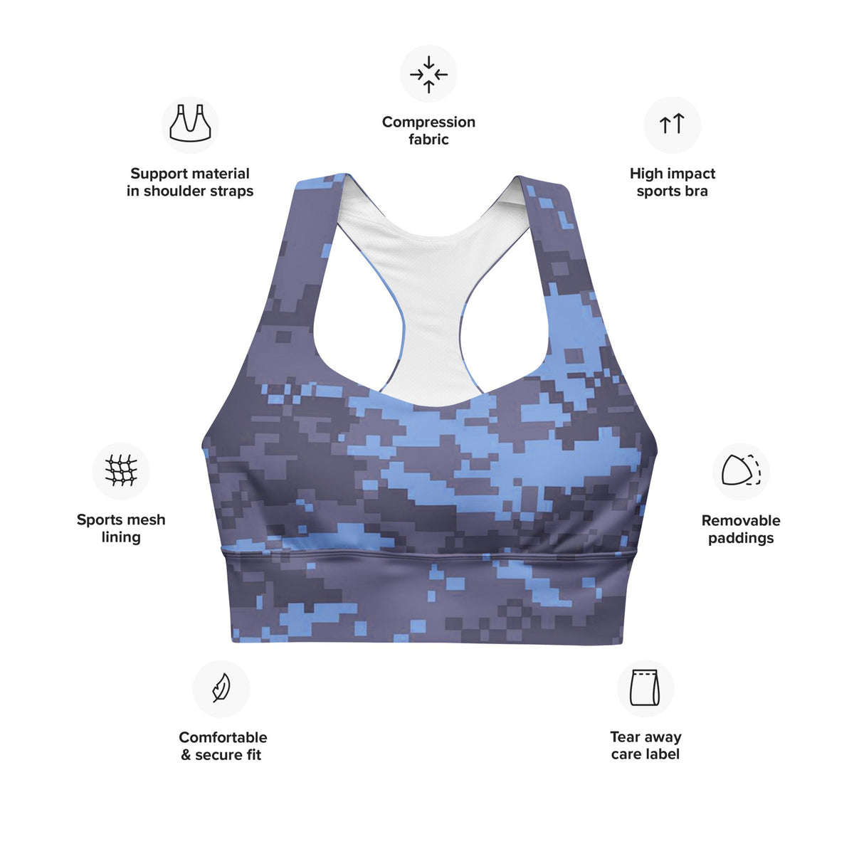 Dark blue digital camo sports bra with removable padding and compression fit