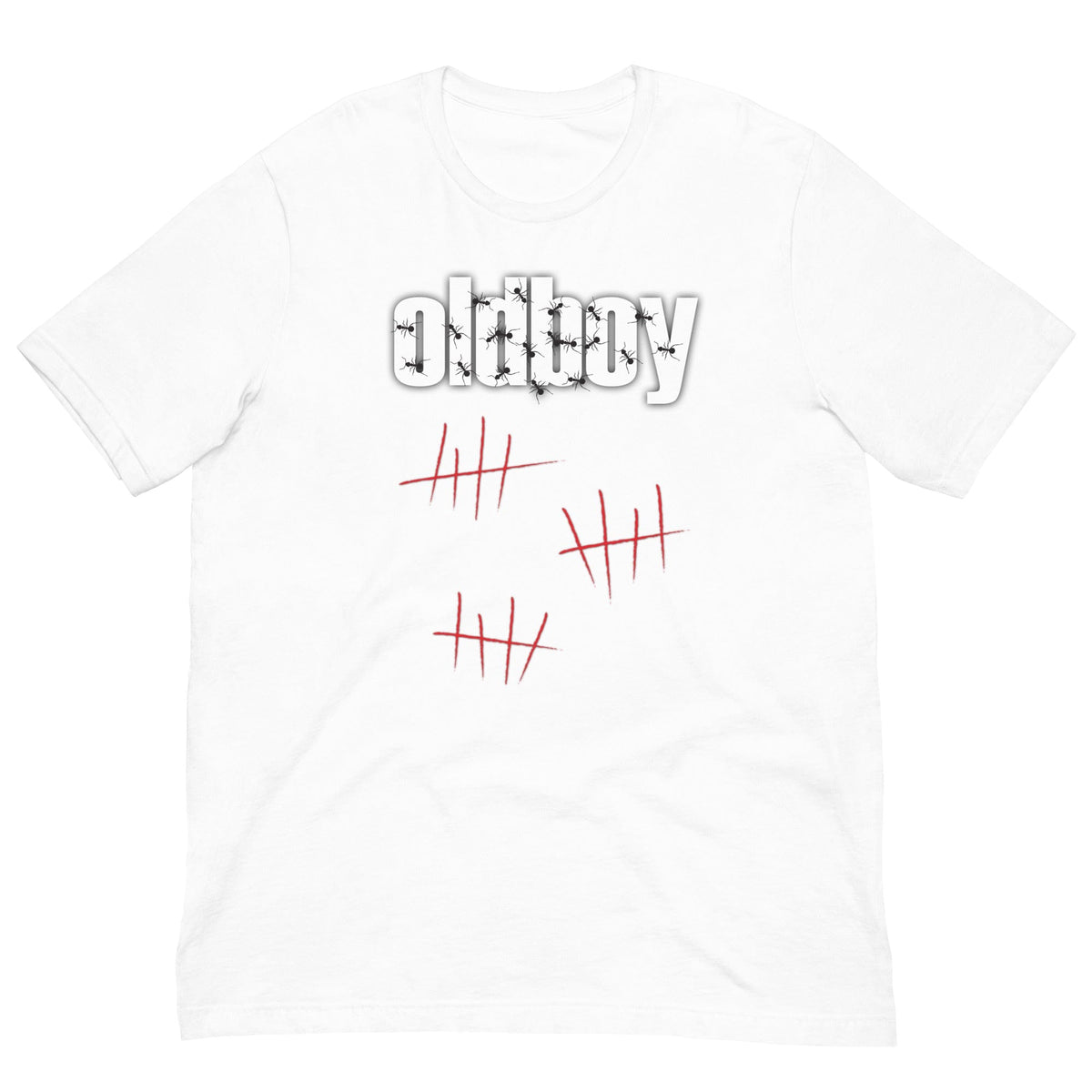 Graphic T-shirt in white with Oldboy text and red hatch-mark design