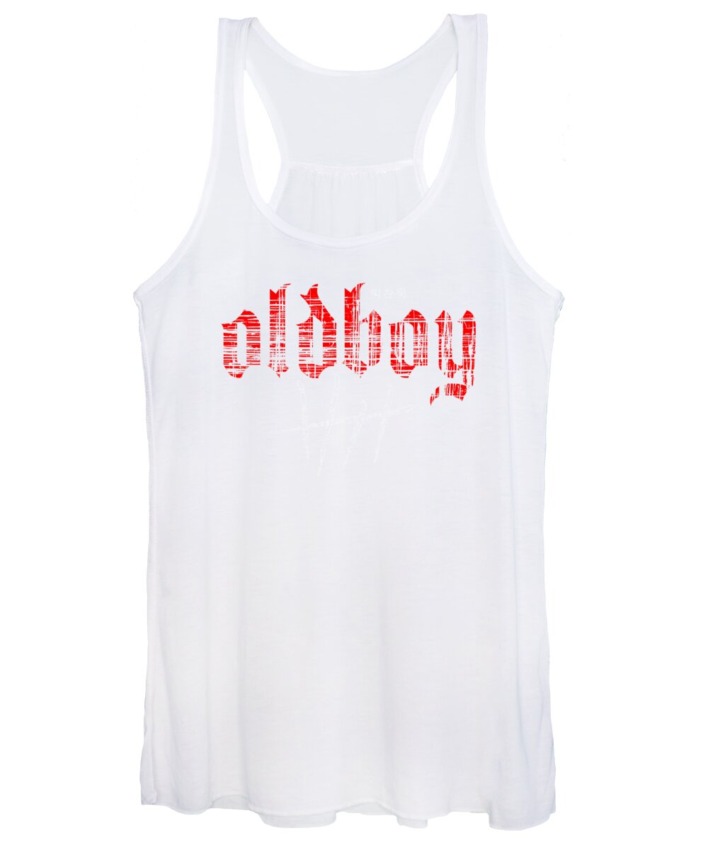 Women’s white graphic tank top with red text and white stripe print at center front