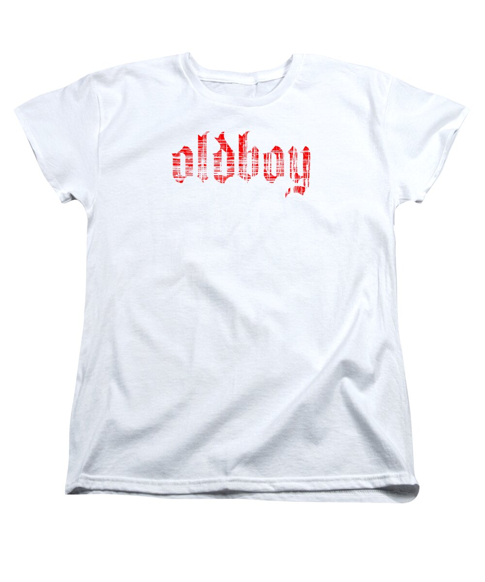 White women's crew-neck T-shirt with red Oldboy graphic print