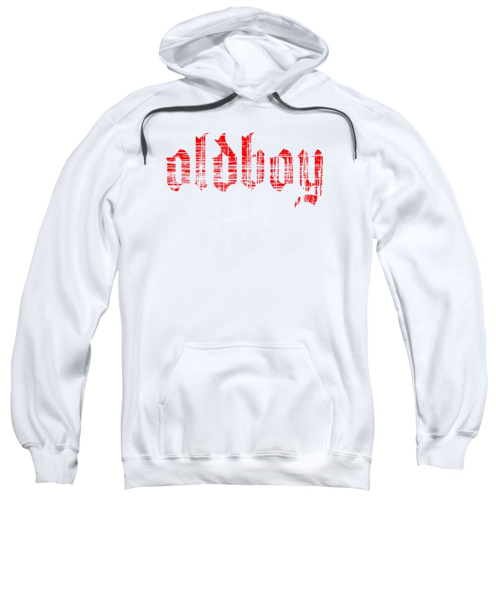 White hooded sweatshirt, kangaroo pocket, red graphic logo on chest