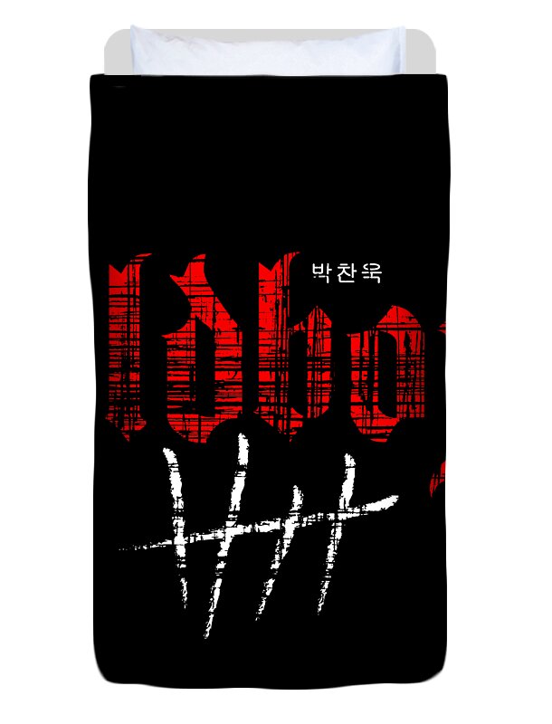 Black duvet cover with red Korean text design and wide white slash streaks