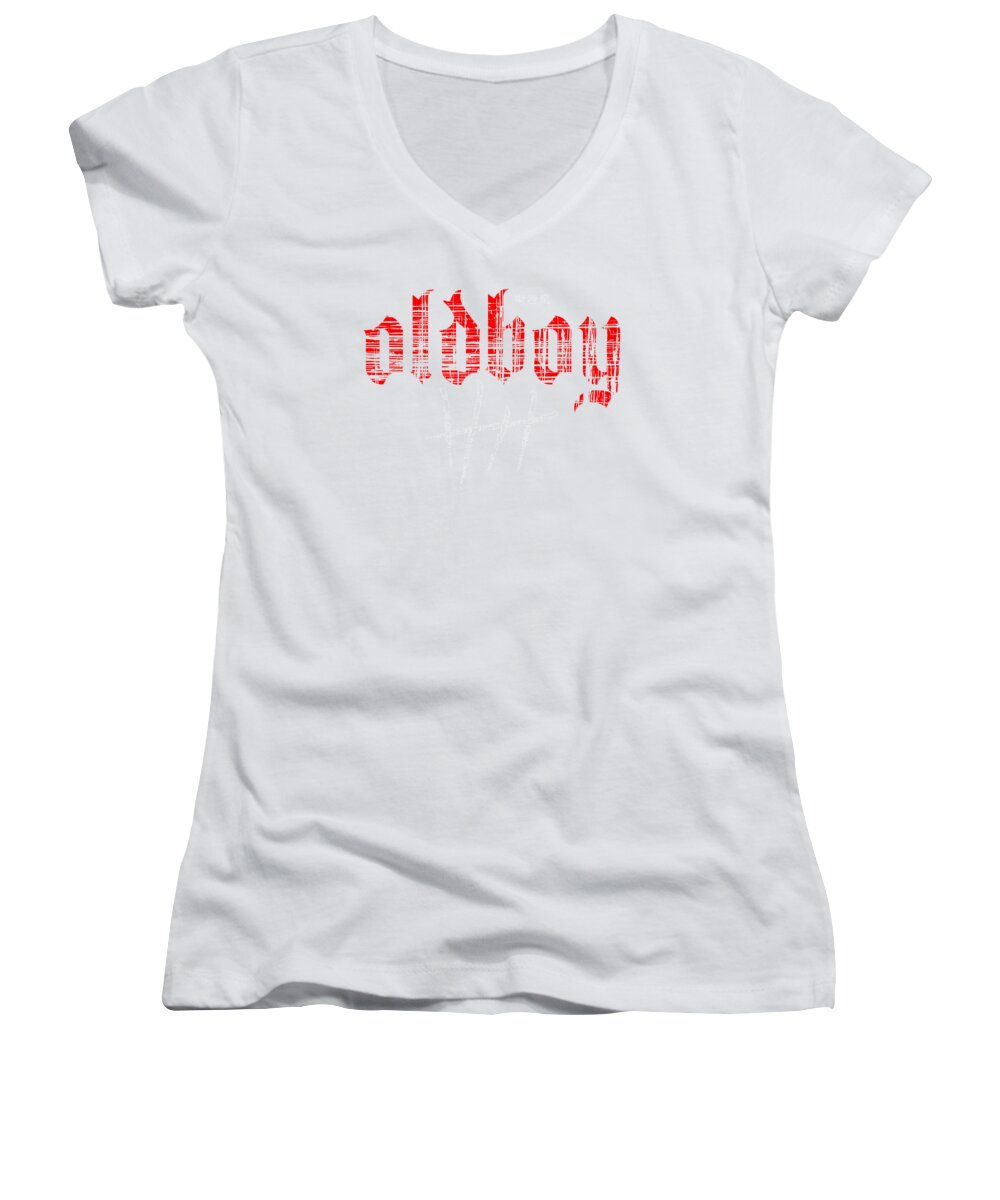 Women's V-neck T-shirt, white with red graphic print front