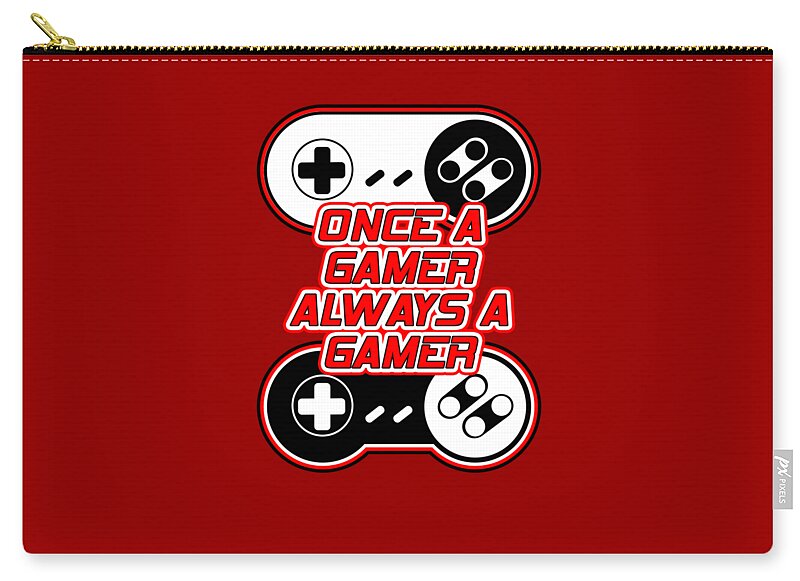 Red zip pouch with gamer controller graphic and gold zipper top edge