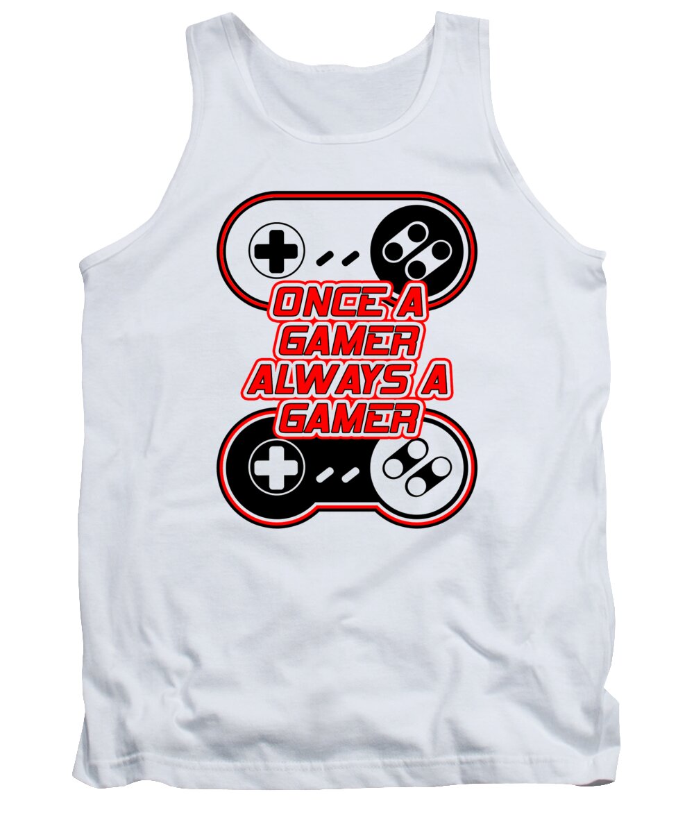 White gamer tank top with front gaming-controller graphic, crew neck and sleeveless cut