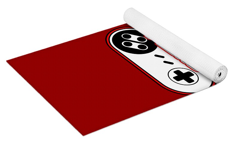 Red yoga mat laid flat with rolled edge and gamer controller graphic