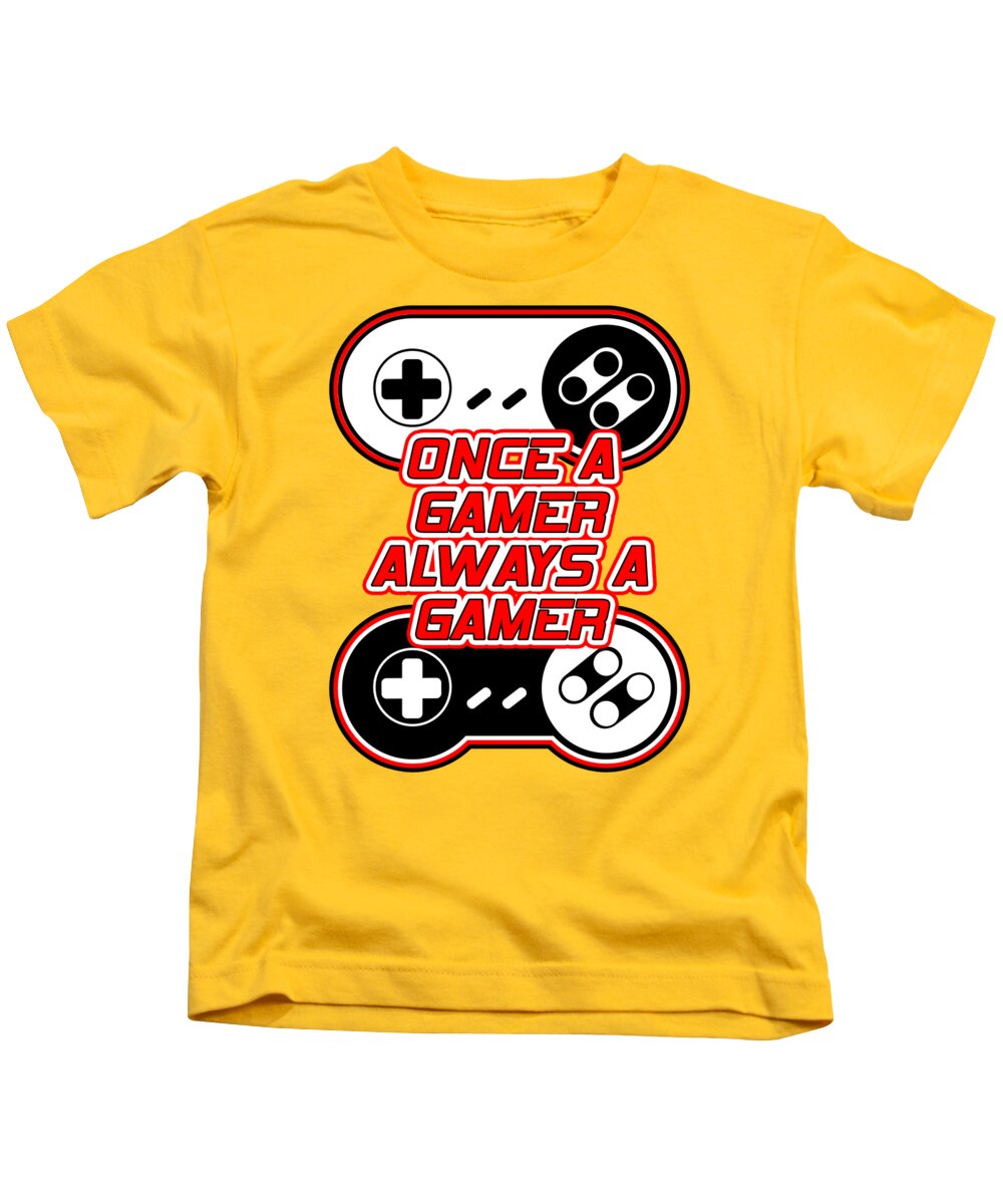 Kids T-shirt in yellow with gaming controller graphic and bold gamer slogan