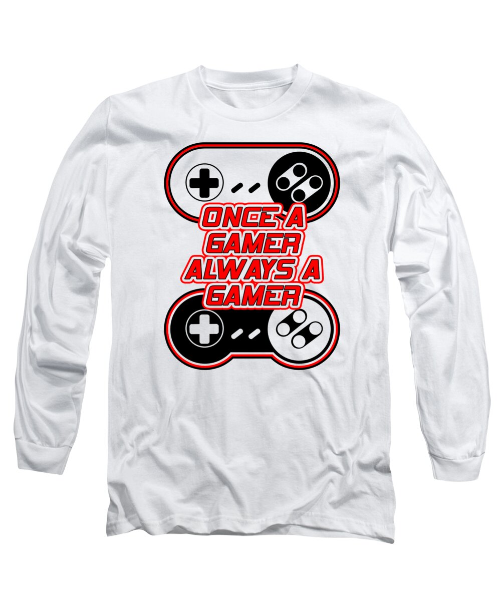 White long sleeve T-shirt with gaming controller graphic and red text logo on chest
