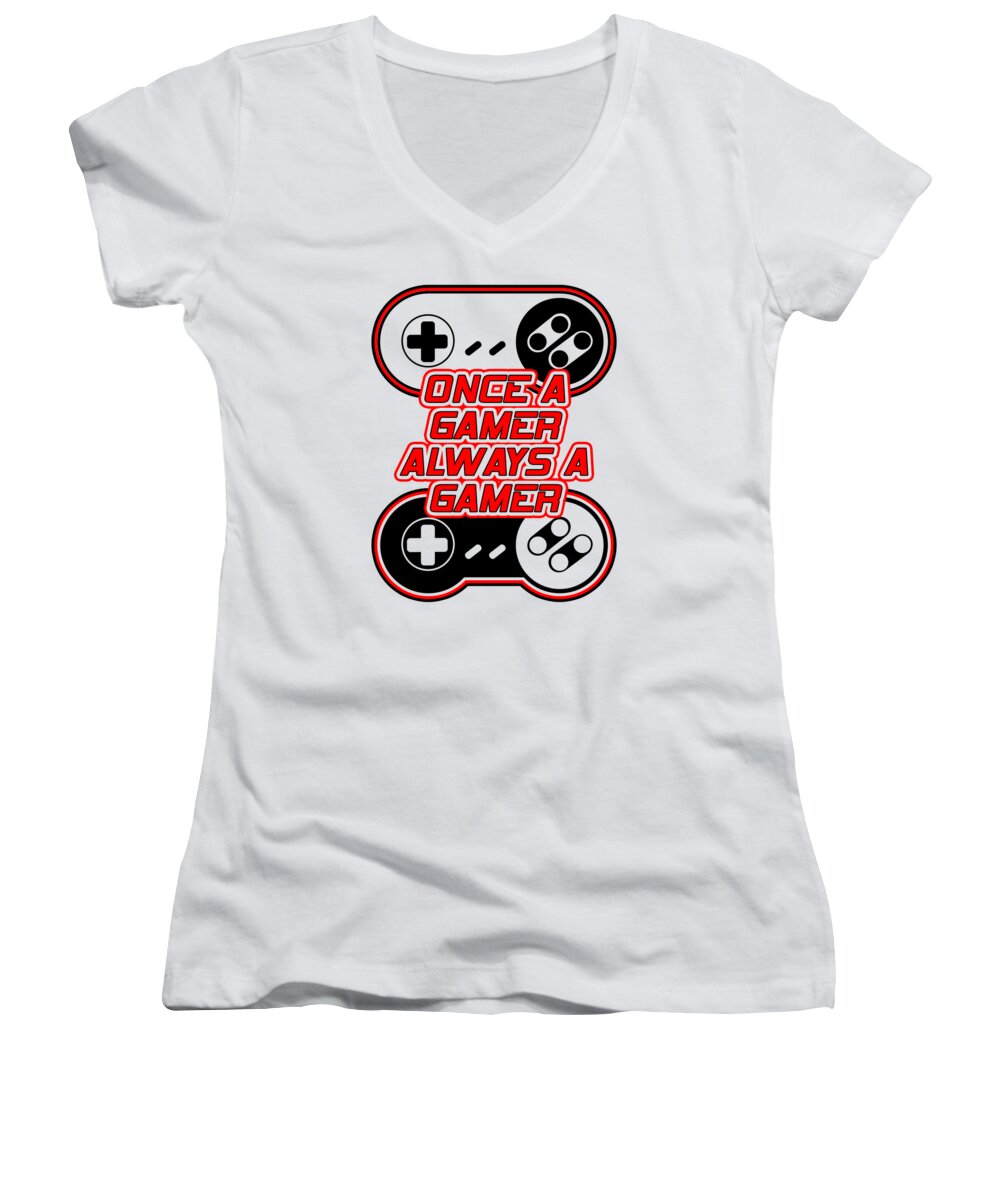 White women's V-neck t-shirt with red game controller graphic