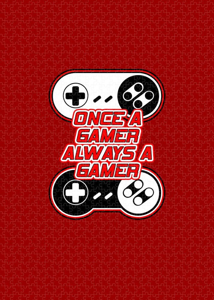 Gaming puzzle graphic with two speech-bubble badges, gamepad + plus icon and gamer text