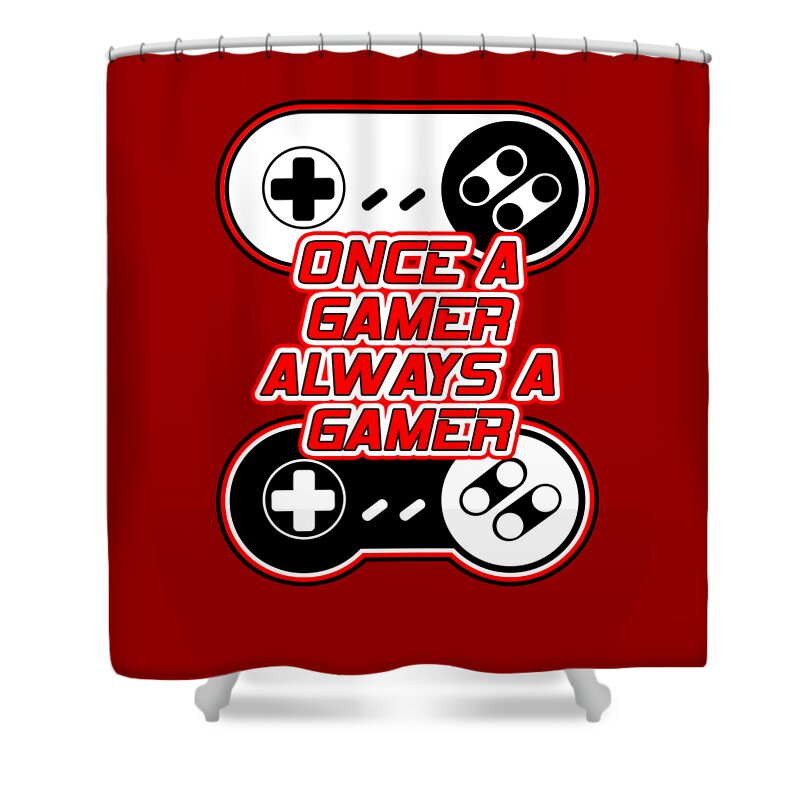 Red shower curtain with gaming controller icons and bold gaming slogan lettering