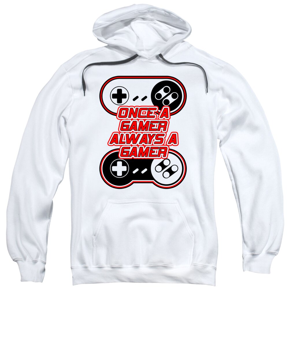 White hoodie sweatshirt with colorful gaming controller graphic on chest