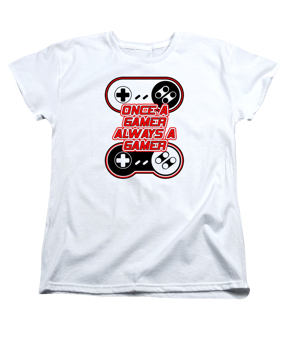 White women's graphic t-shirt with gaming controller emblem at center