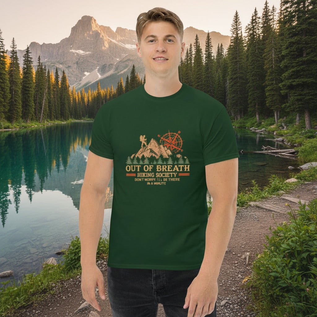 Forest green crew-neck hiking T-shirt with large chest graphic