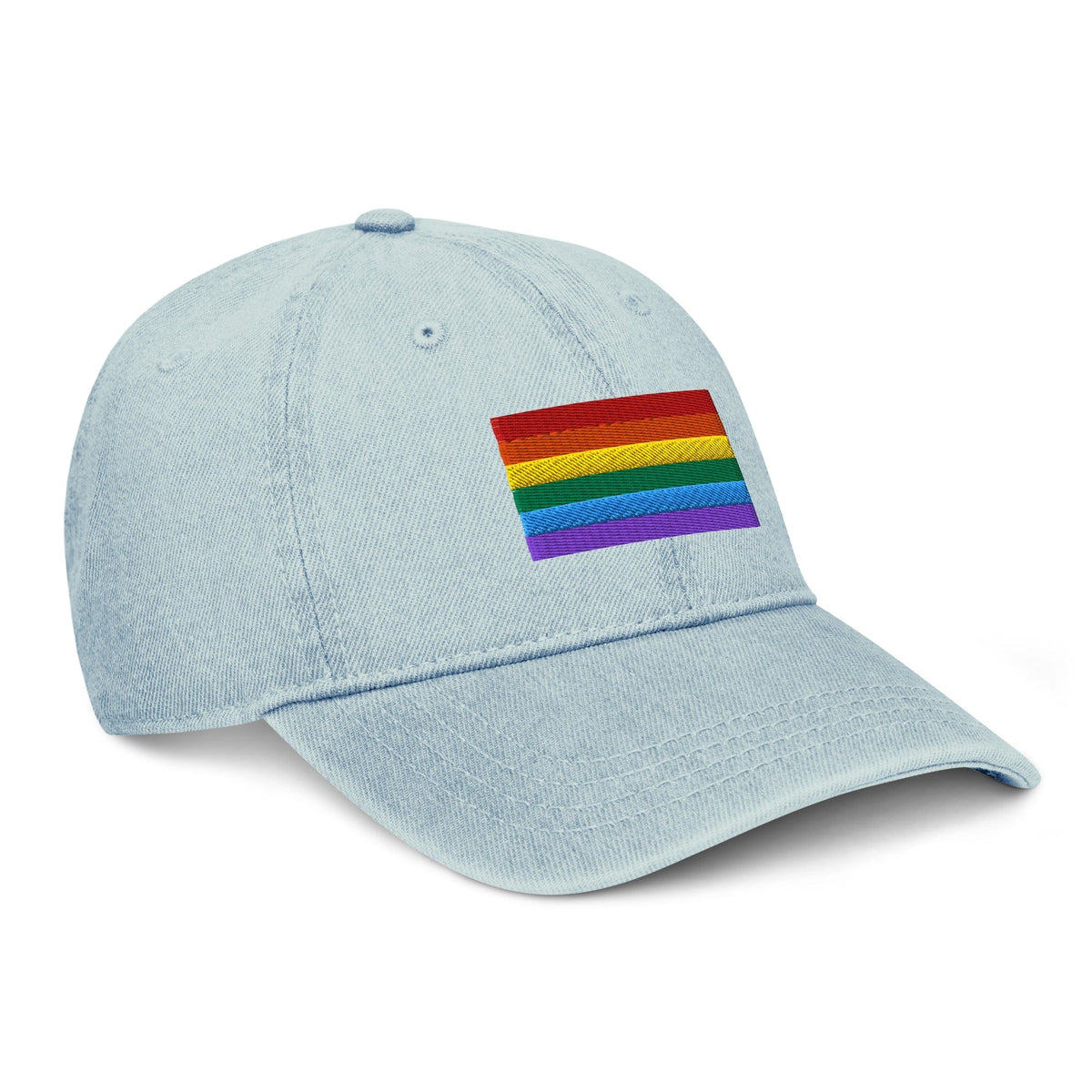Light blue denim baseball cap with Pride flag embroidery on front