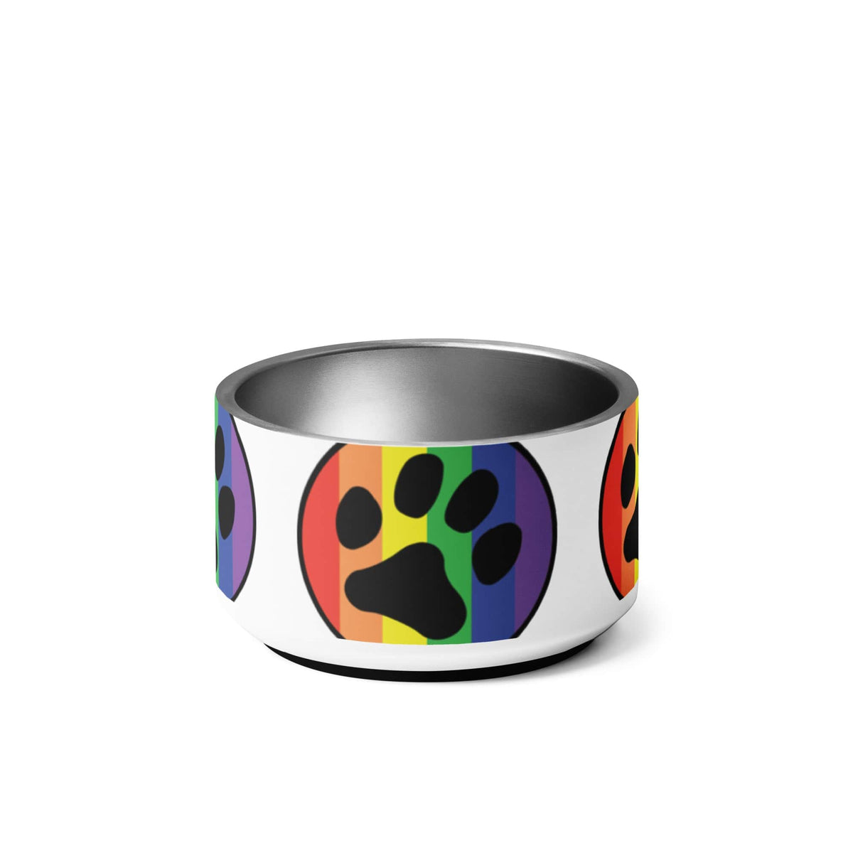 Pet bowl with centered rainbow paw graphic and metal rim, Pride style