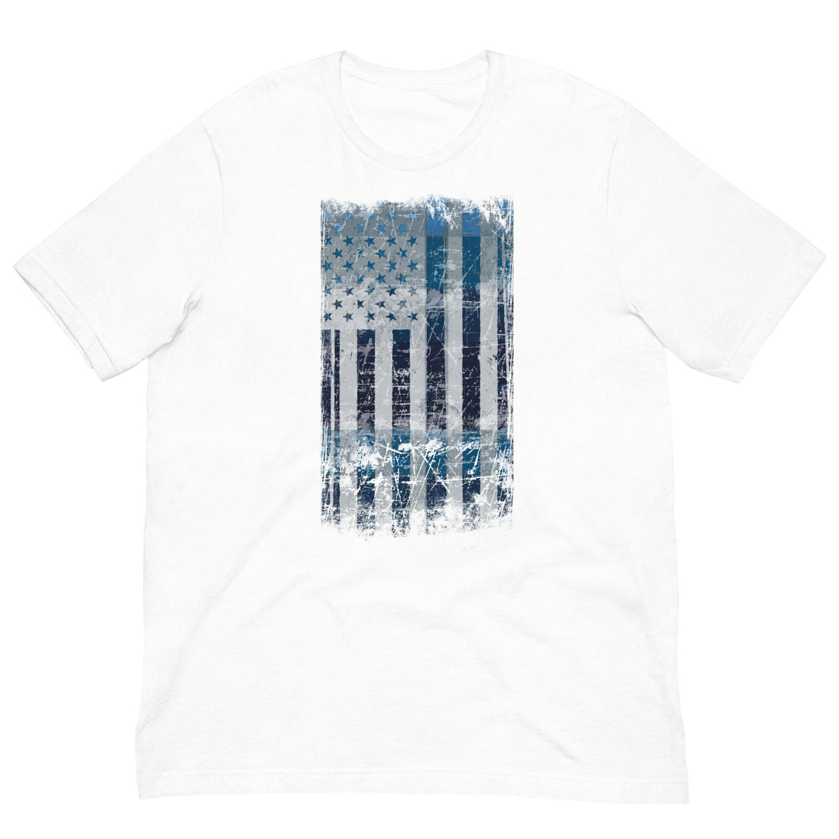 Men's graphic T-shirt, white with distressed blue flag print on chest