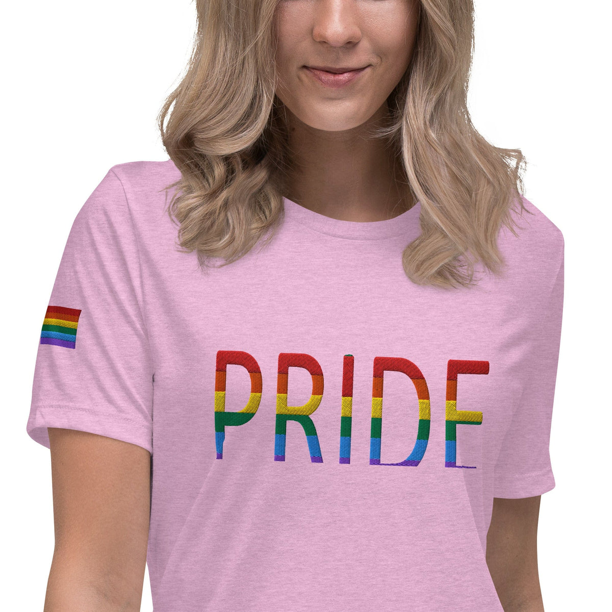 Lilac relaxed women's t-shirt with Pride text graphic and rainbow sleeve stripe