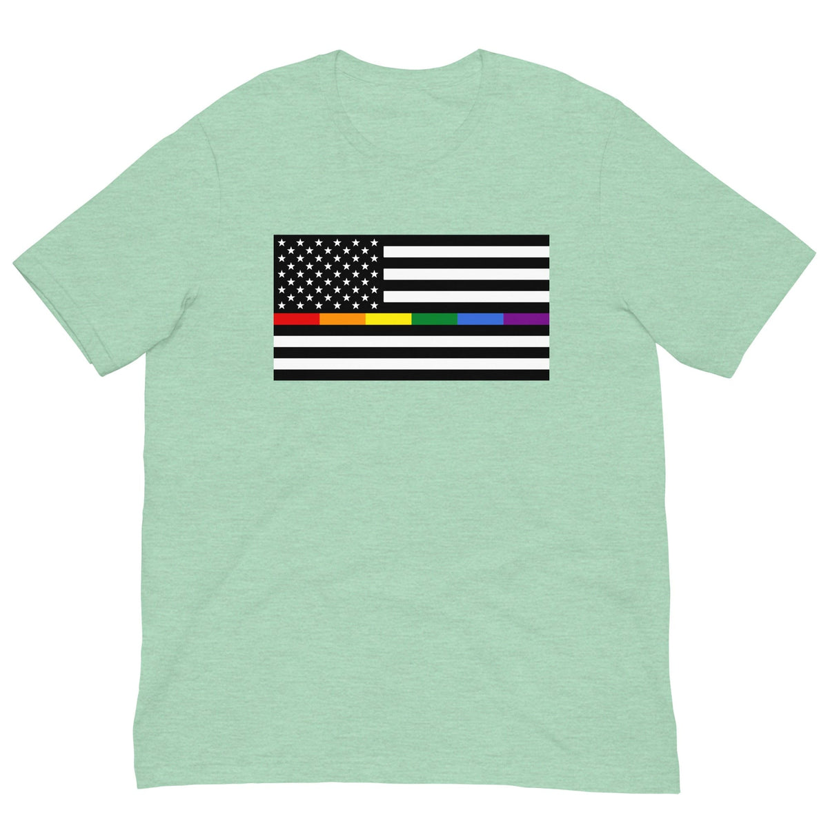 Mint green T-shirt with rainbow pride American flag graphic