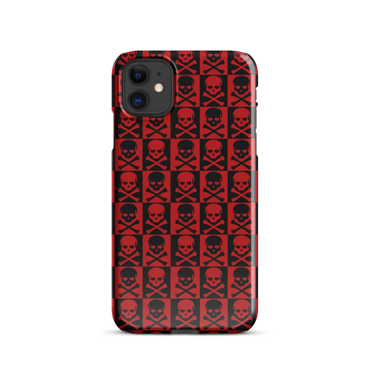 Red and black skull pattern iPhone snap case back, camera cutouts centered