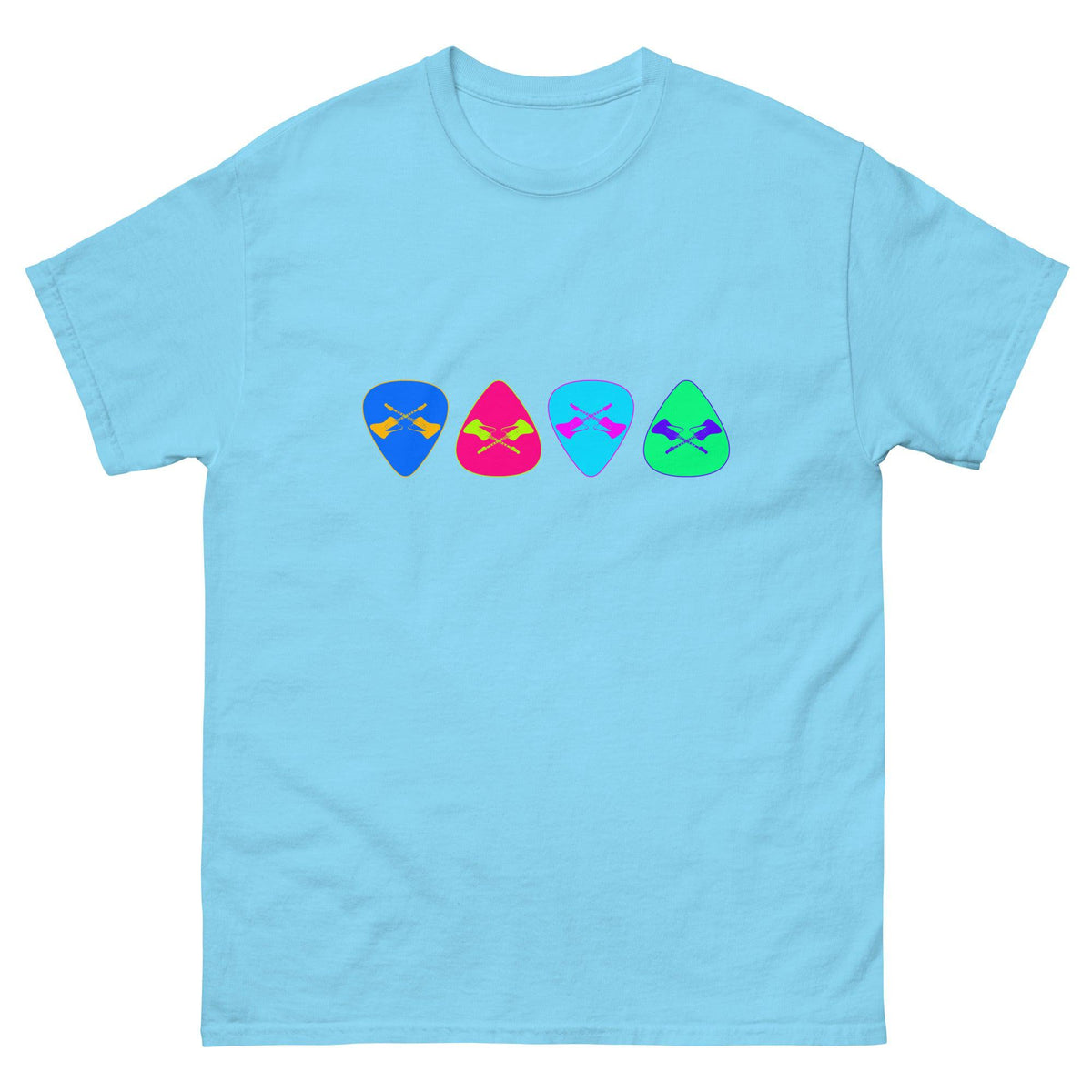 Light blue T-shirt with row of colorful guitar pick graphic on chest