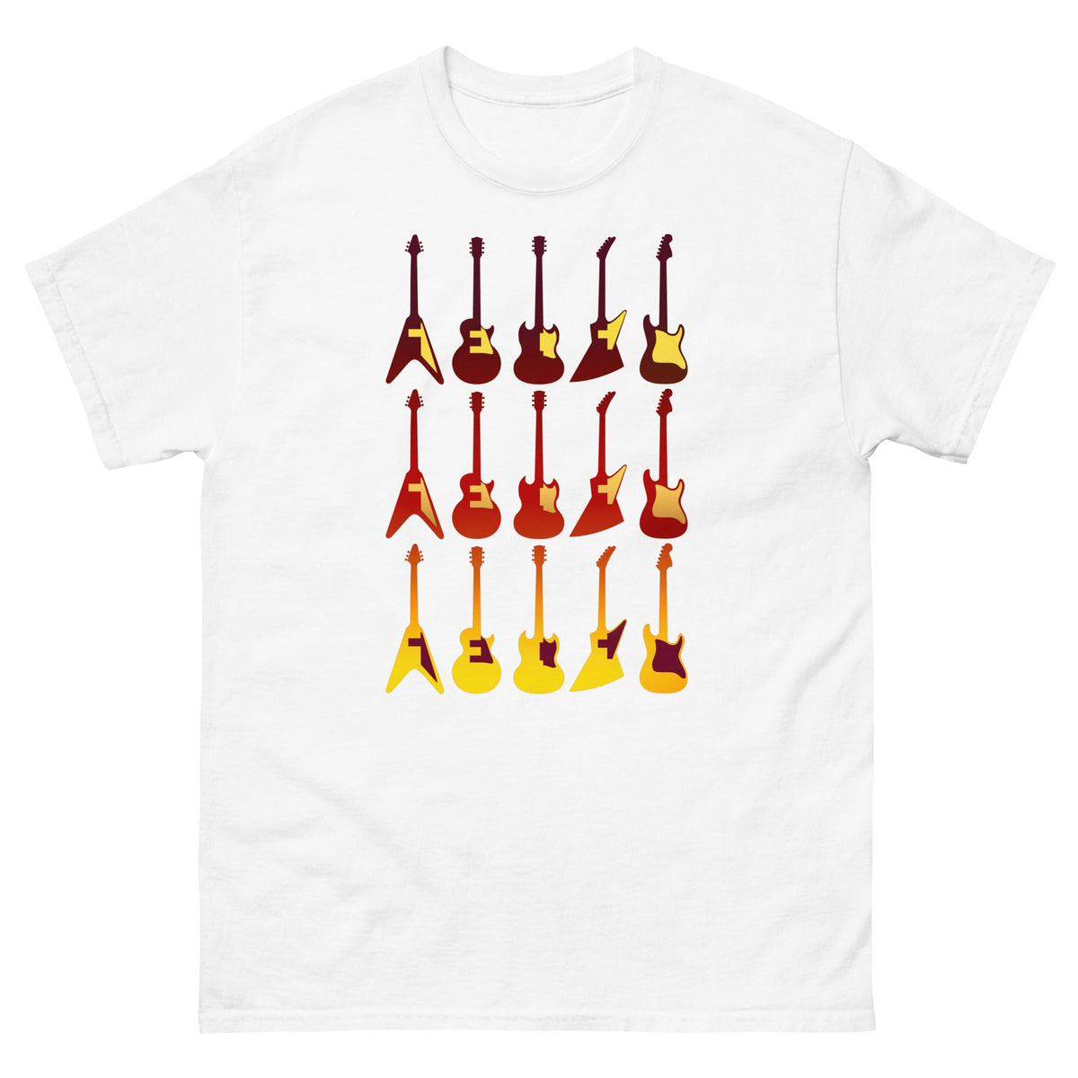 White crew-neck T-shirt with retro guitar graphic print