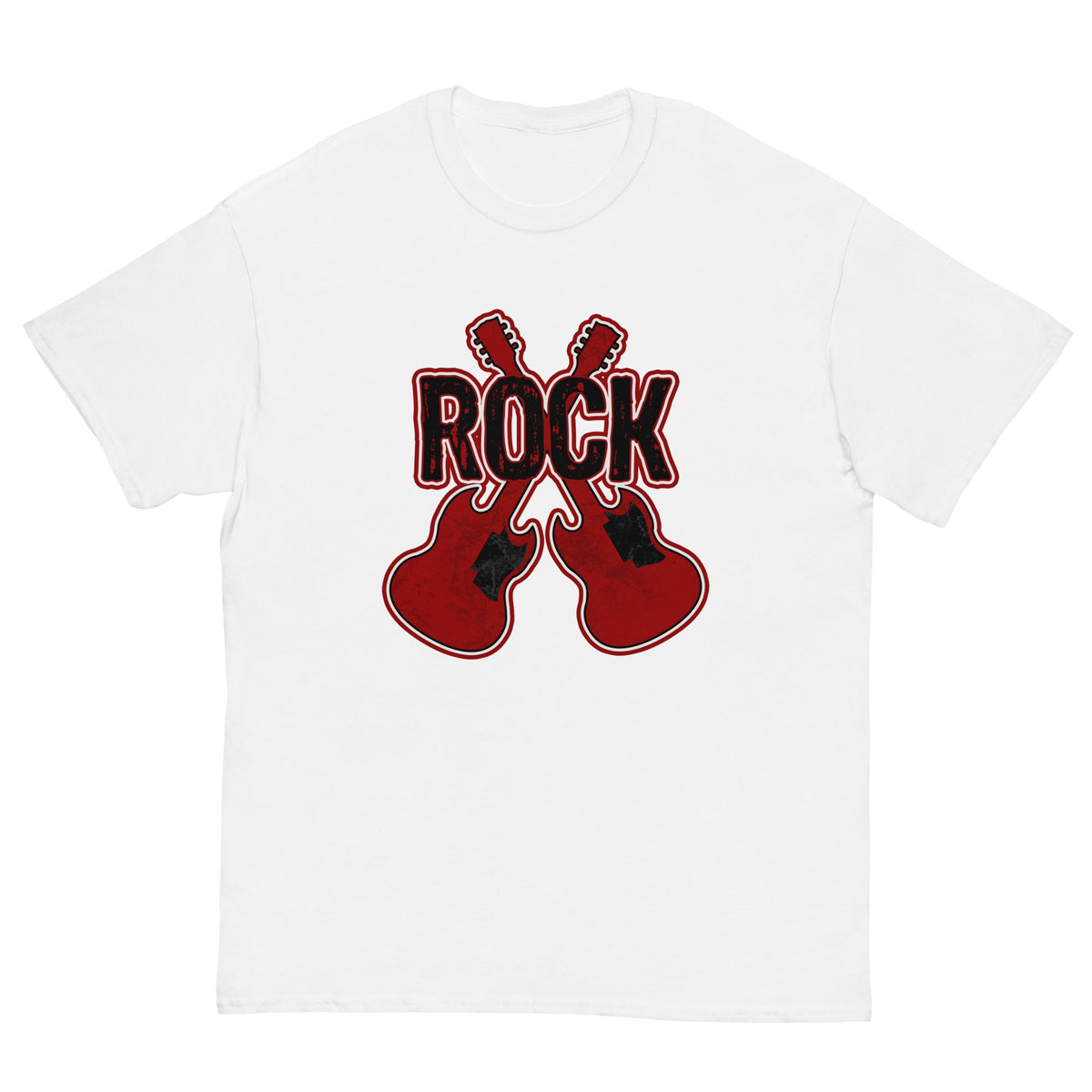 White crew-neck short-sleeve t-shirt with ROCK graphic and crossed guitars.