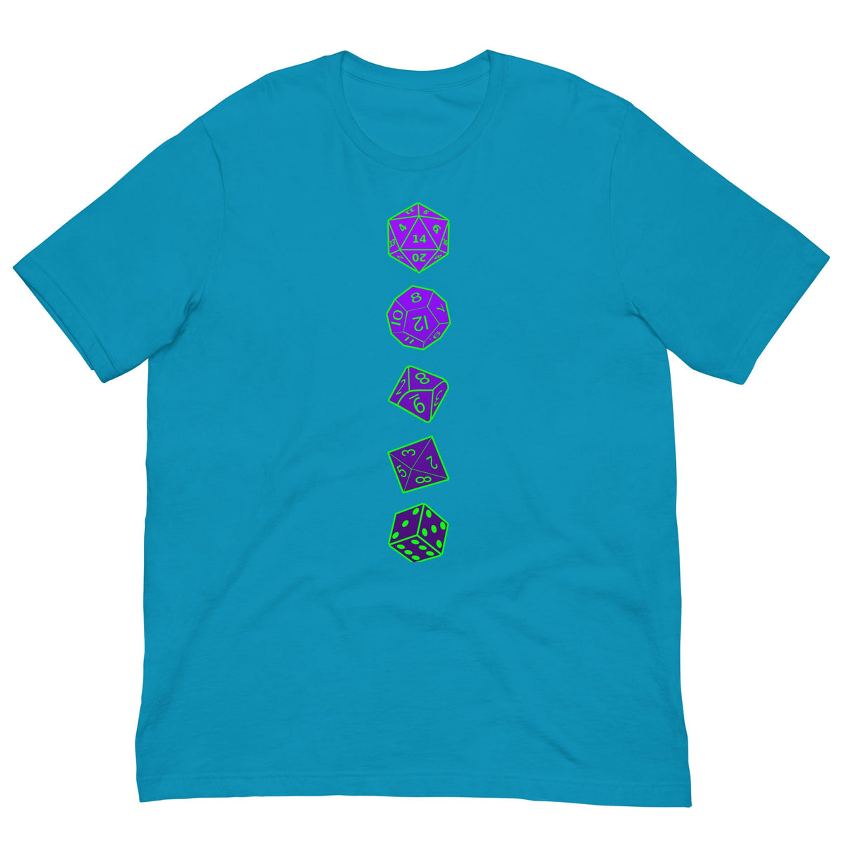 Aqua blue T-shirt with vertical purple RPG dice graphic on center chest